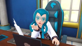 Pokemon Legends Z-A screenshot featuring the head of the lab, Mable, leaning on her desk