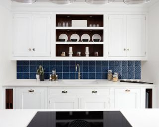 White modern kitchen with splashback of blue tiles, white units, open shelving