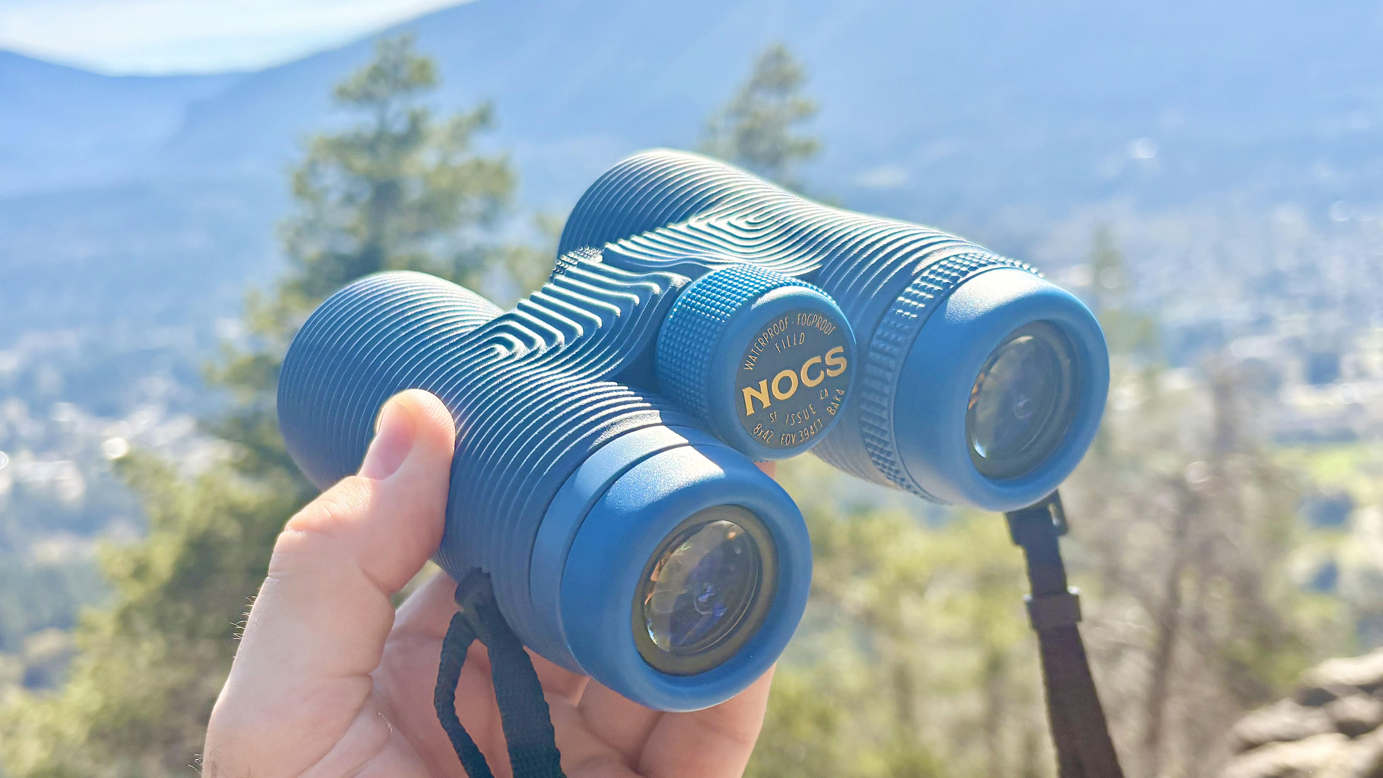 Close-up of the Nocs Field Issue 42 binoculars in blue