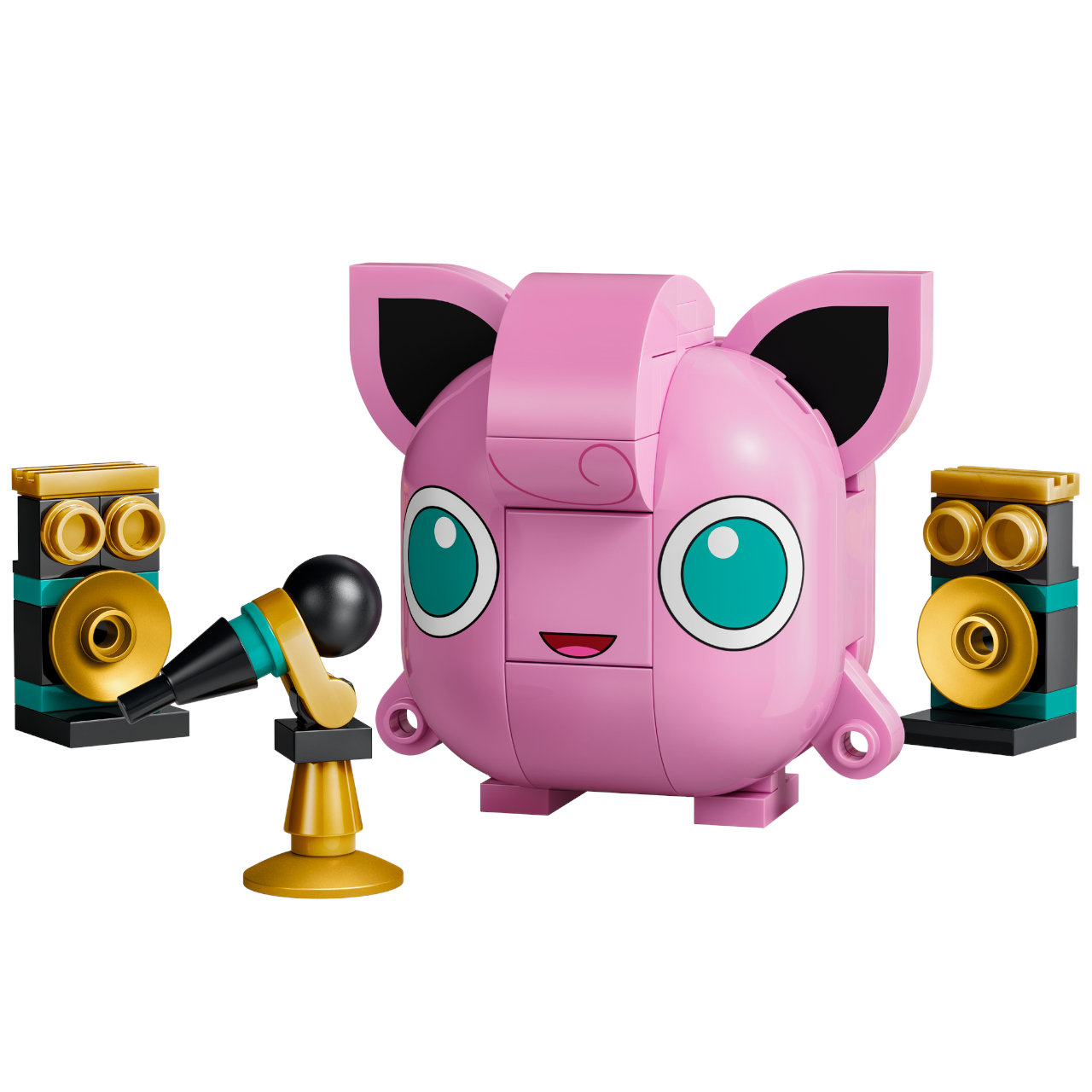 Lego Jigglypuff and microphone with speakers against a plain background
