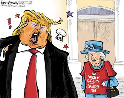 Political Cartoon U.S. Queen Elizabeth Trump England