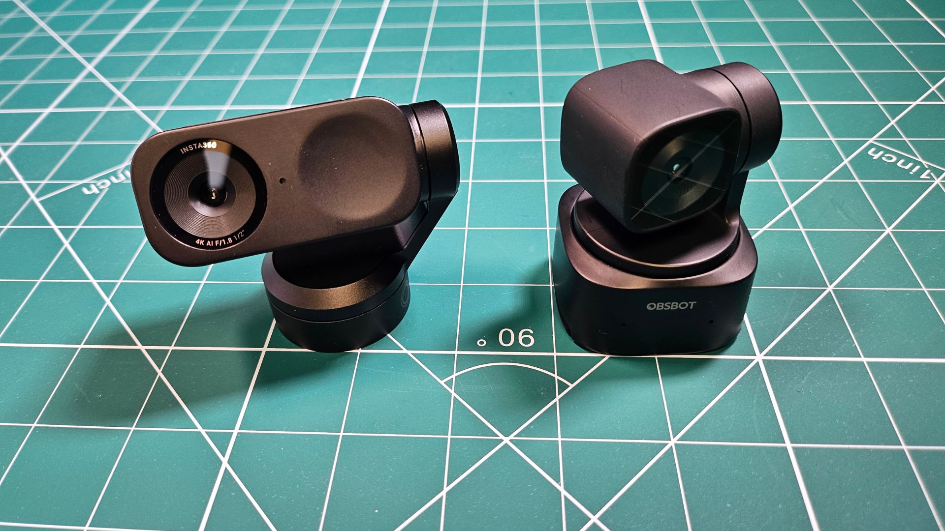 The Insta360 Link 2 from above, compared to the OBSBOT Tiny SE
