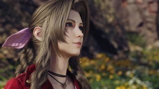 A close up of Aerith against a green backdrop