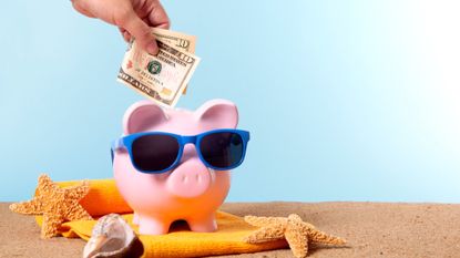 Piggy bank sitting on a beach wearing sunglasses. Hand is reaching down to put money into the piggy. 