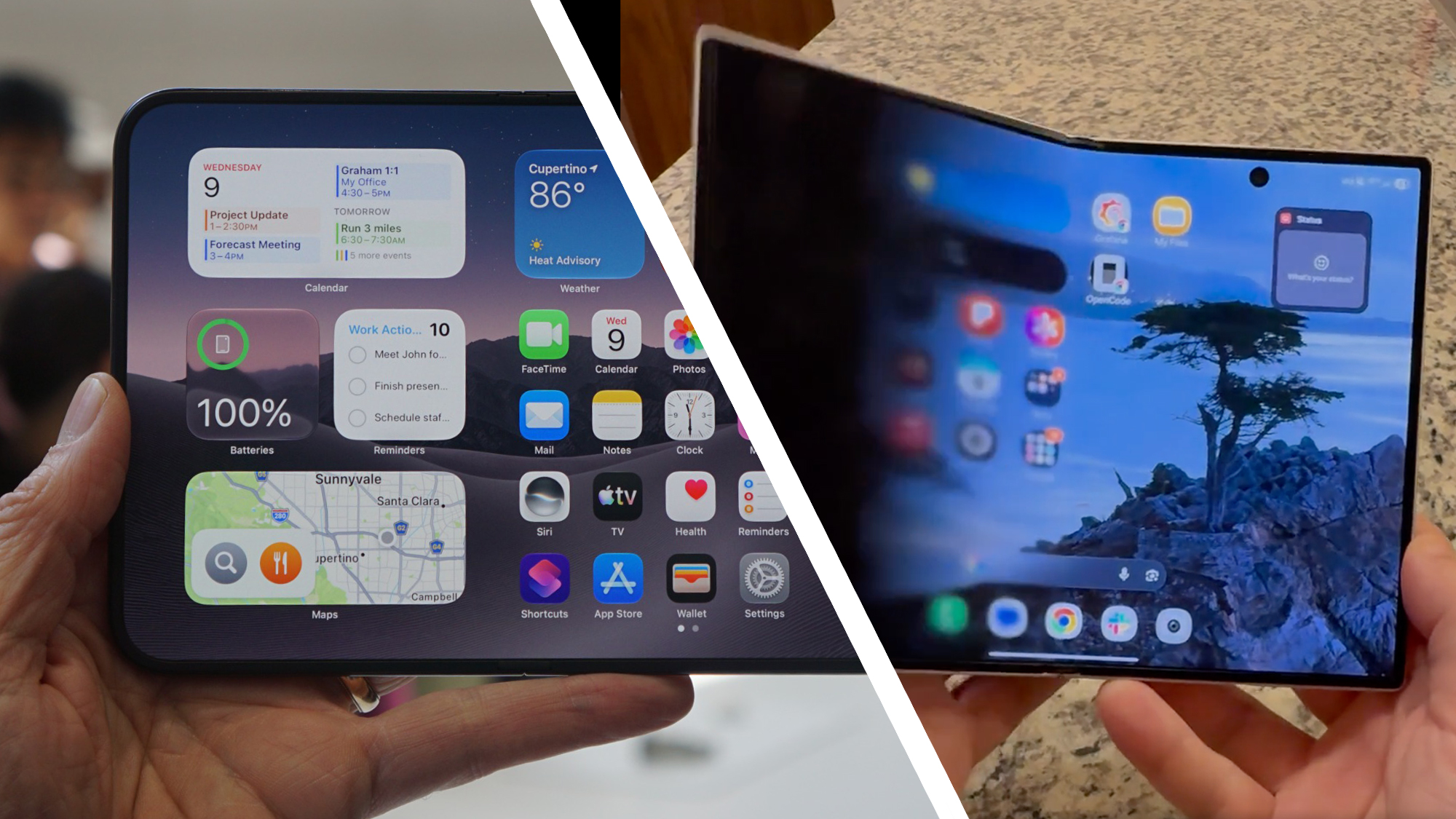 A hand holding the iPhone Duo next to a hand holding the Samsung Galaxy Z Fold 8