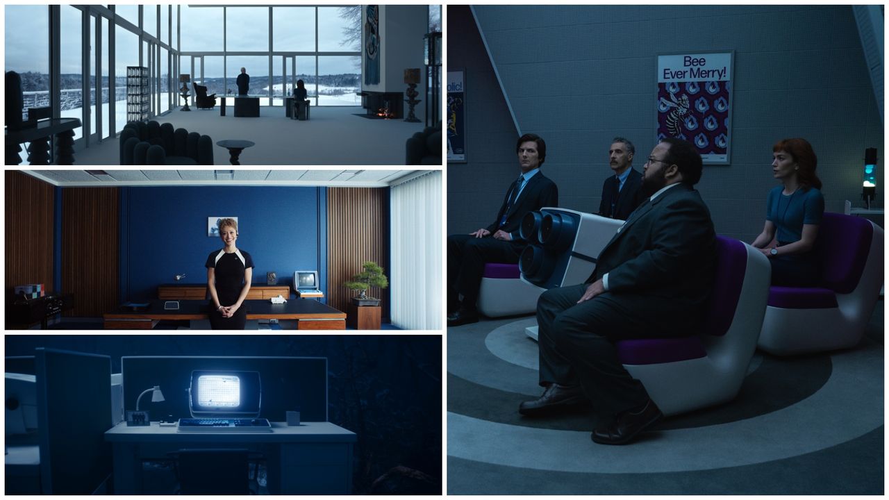 a collage of images from severance season 2 highlighting its vintage furniture in office spaces