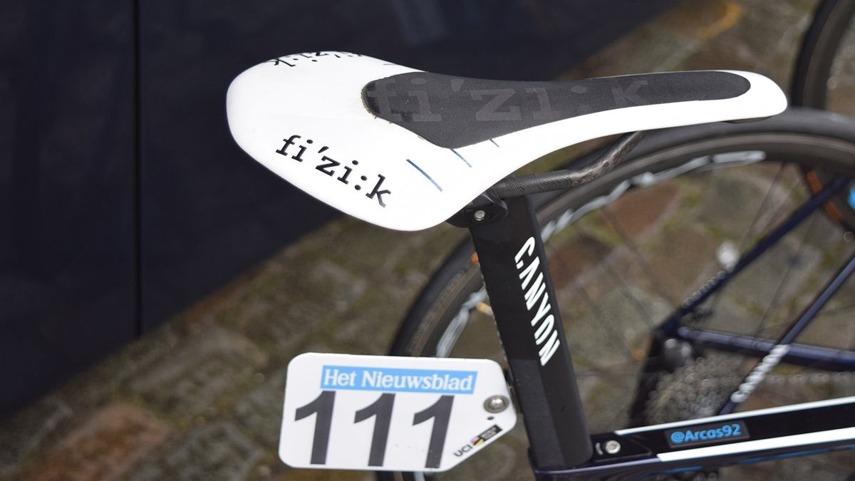 Jorge Arcas (Movistar) customises his Fizik saddle to reduce any movement on the saddle