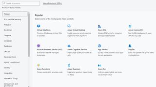 Azure's webpage showing all the different Azure tools available