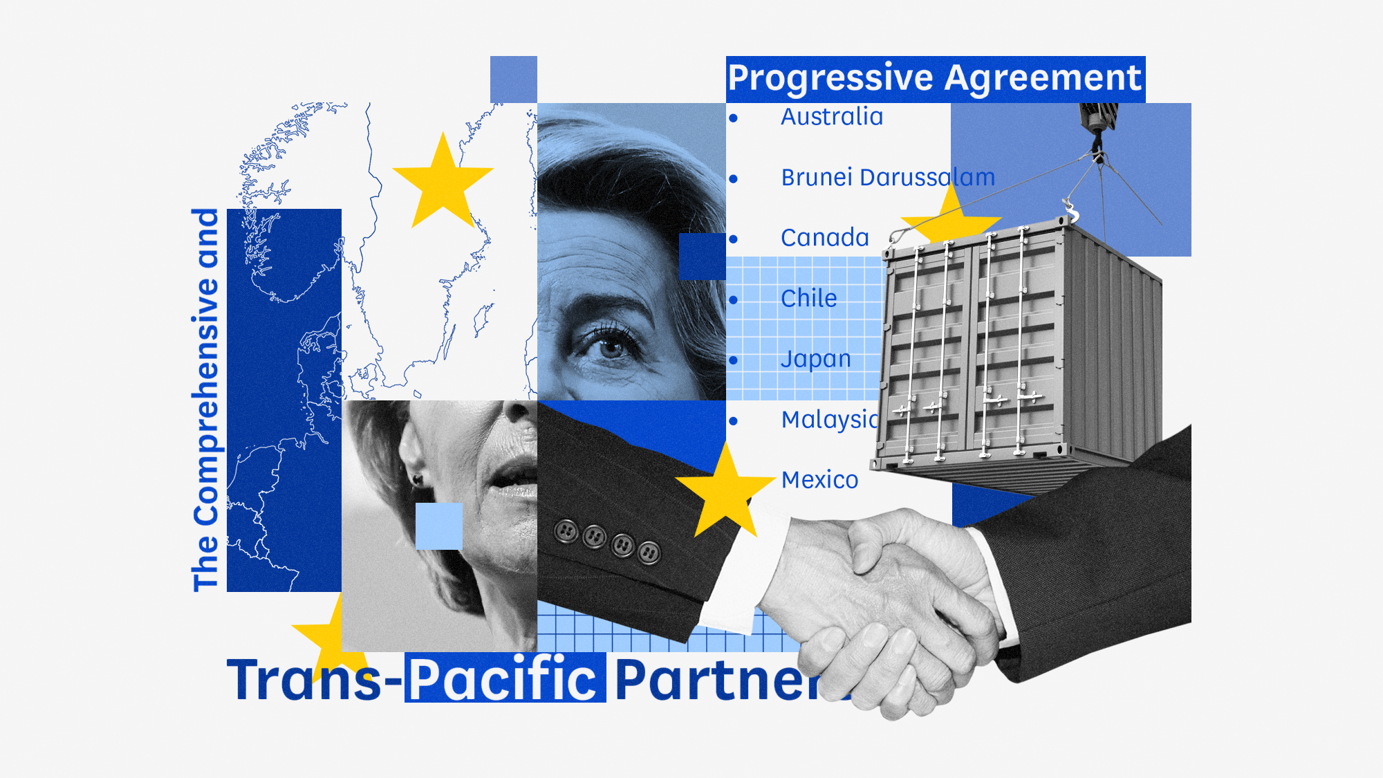 Photo composite illustration of Ursula von der Leyen, a shipping container, map of Europe and a handshake