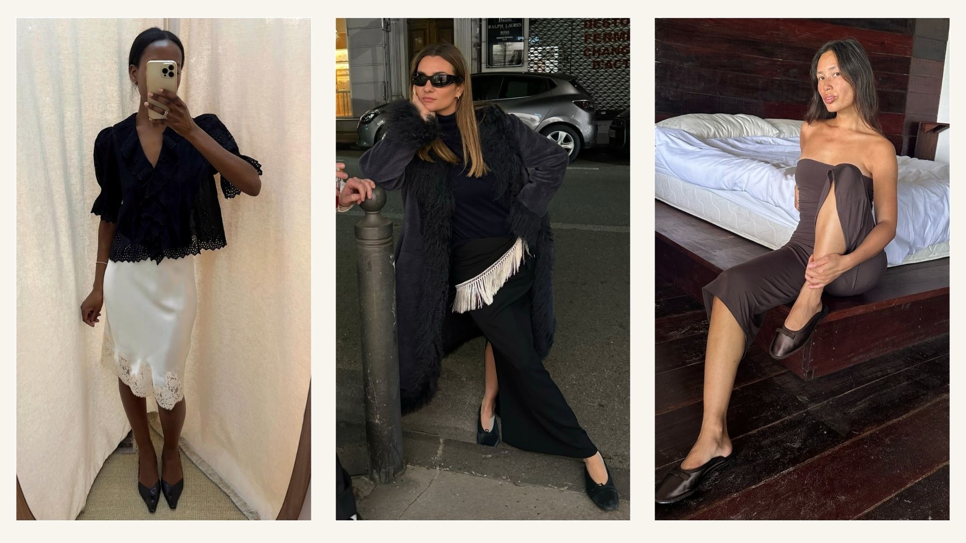 Collage of French influencers wearing minimalist spring trends.