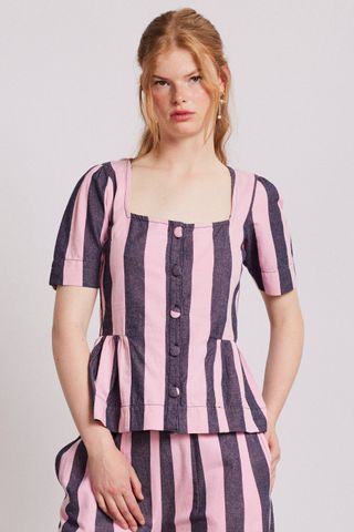 Philly Peplum Blouse - Pink Blue Stripe