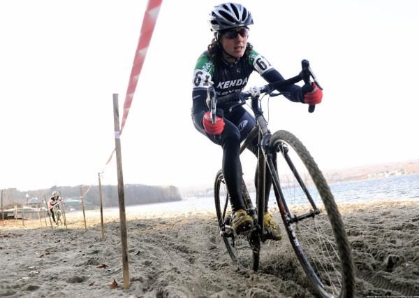 Race leader Mary McConneloug (Kenda-Seven-NoTubes) is followed by Andrea Smith (Minuteman Road Club).
