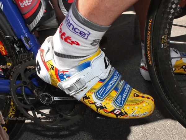 Cadel Evans' (Silence-Lotto) signature Gaerne G.Myst shoes are among the most easily recognizable in the peloton. The kangaroos say 'Australia' but the red, blue and yellow coloring calls attention to his support of the 'Free Tibet' movement.
