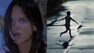 Anna faris looking scared in Scary Movie 2/child running with arms out in weapons