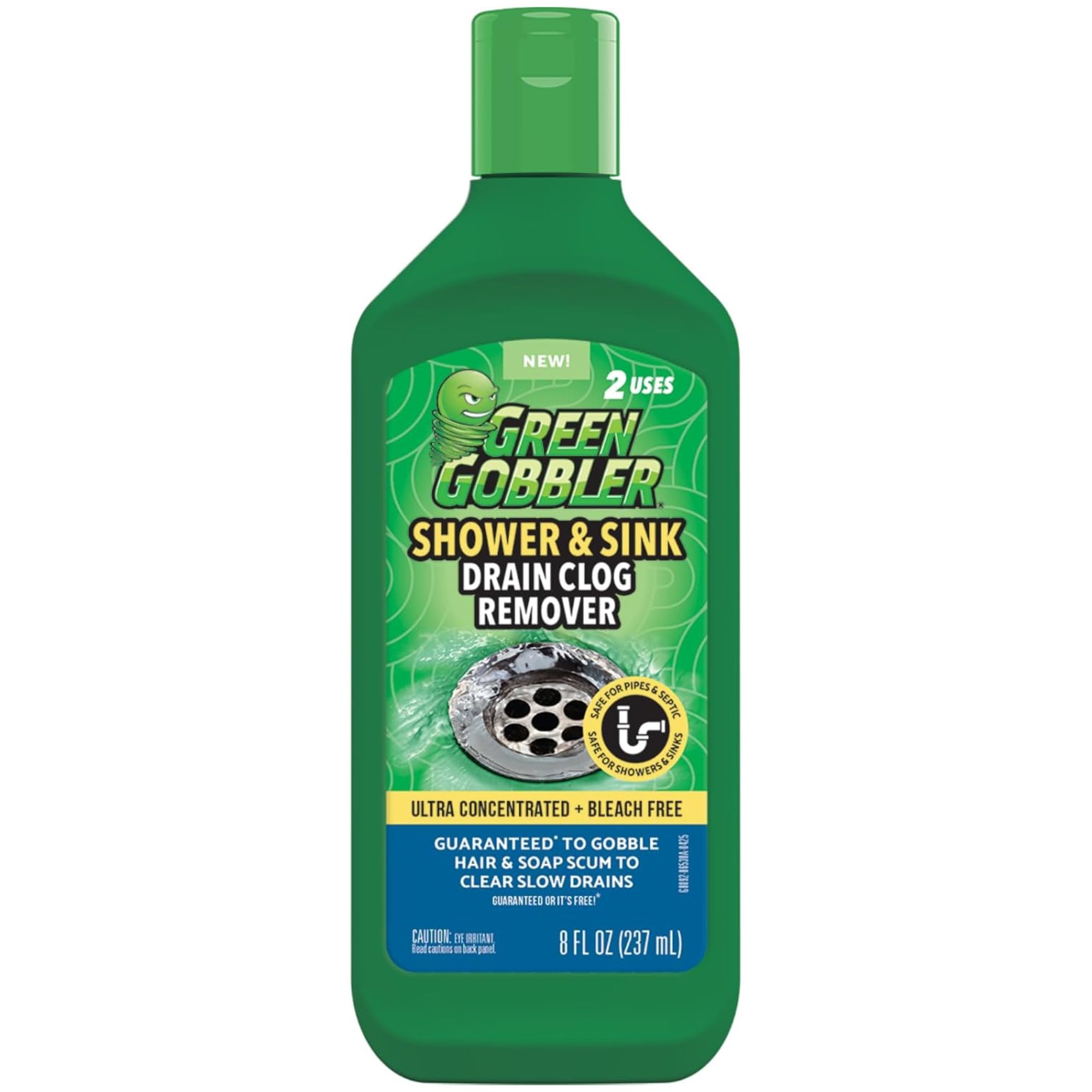 A green bottle of Green Gobbler Shower &amp;amp; Sink Drain Clog Remover