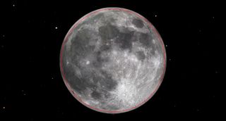 A large full moon hangs in starry space. A thing red circle slightly smaller in diameter sits inside the moon.