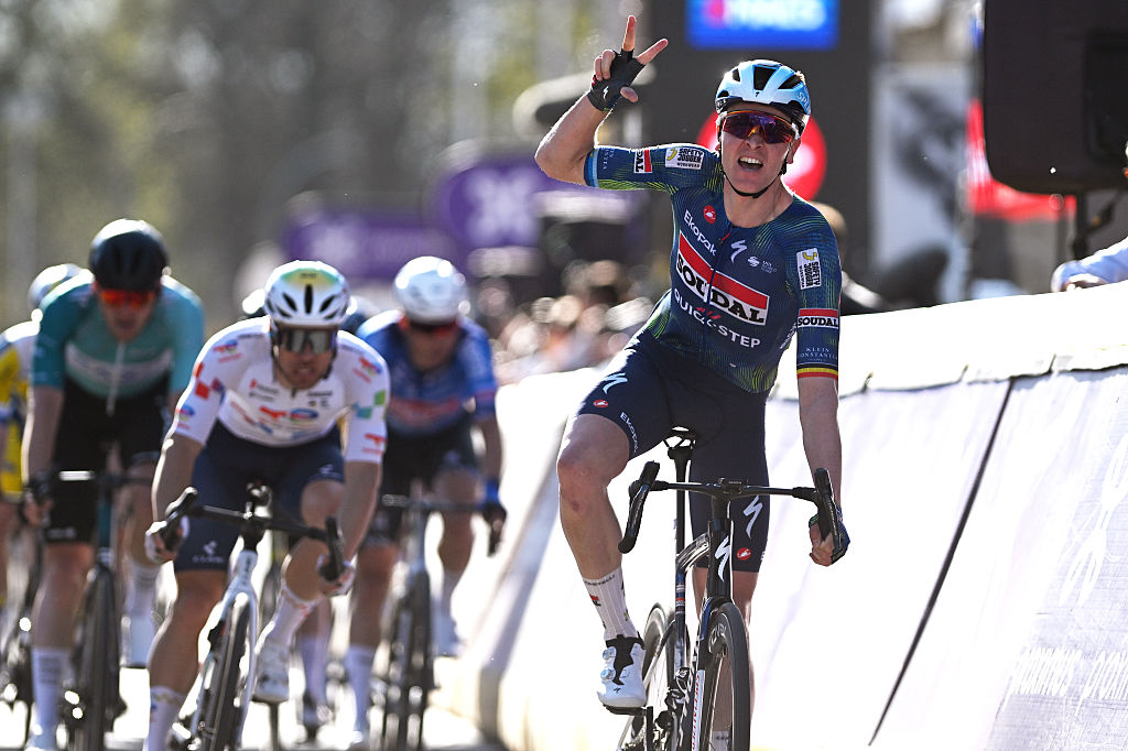 Tim Merlier of Belgium and Team Soudal Quick-Step celebrates at finish line as race winner during the 114th Scheldeprijs