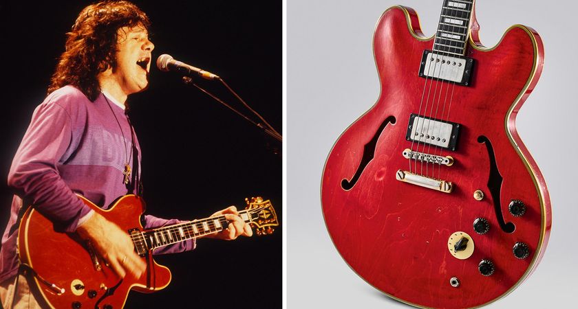 Gary Moore with his 1963 Gibson ES-355TD, and on the right, the guitar as it is about to head to auction.