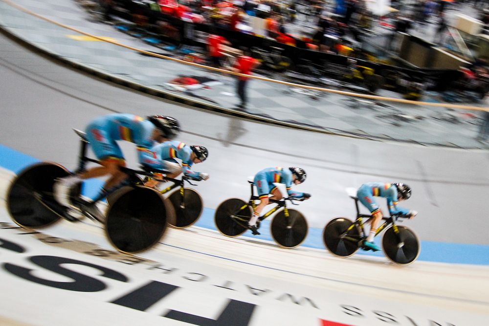The Belgian team competes in the Men's Team Pursuit on day one of the UCI Track World Cup at Omnisport Apeldoorn