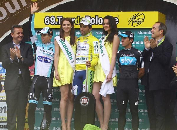 The final general classification podium at the Tour of Poland (l-r): Michal Kwiatkowski, 2nd; Moreno Moser, 1st; Sergio Henao, 3rd.