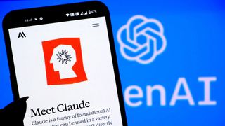 Meet Claude AI Logo seen displayed on a smartphone with a Chat GPT logo in the background.