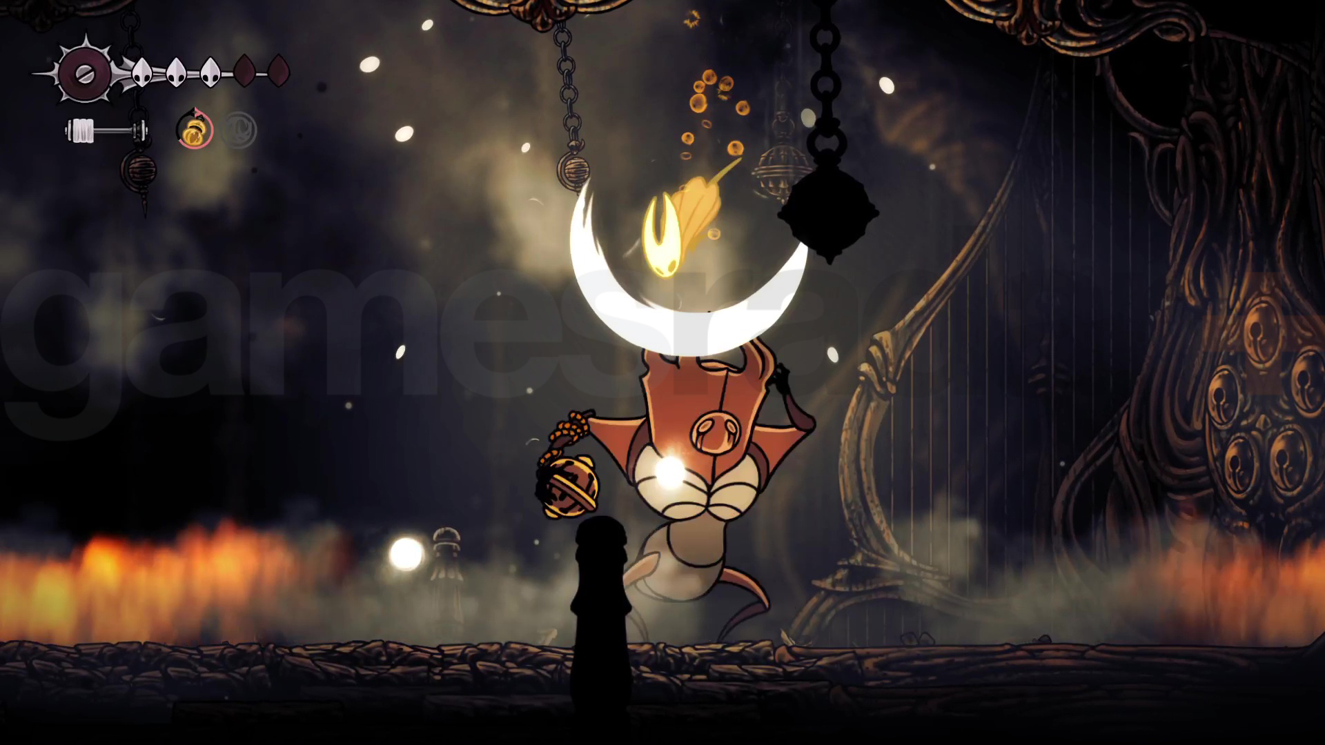 Hornet bounces on the Last Judge in Silksong