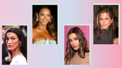 Makeup trends 2023: Photos of Bella Hadid with blush and defined eyebrows, Beyoncé from 2006 with blue eyeshadow, Hailey Bieber with glowy,skin and blush and finally Jennifer Aniston from the 90s, wearing black eyeliner/ In a pink and blue template