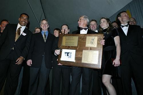 Eddie B with some of the Olympians and friends that presented him with the award of "Father of Modern American Cycling". (L to R) Greg Demgen, Scott Berryman, Paul Swift, Greg LeMond, Davis Phinney, Brent Emery, Eddie B, Ron Kiefel, Rebecca Twigg, Dave Grylls, Wayne Stetina and Ken Carpenter.