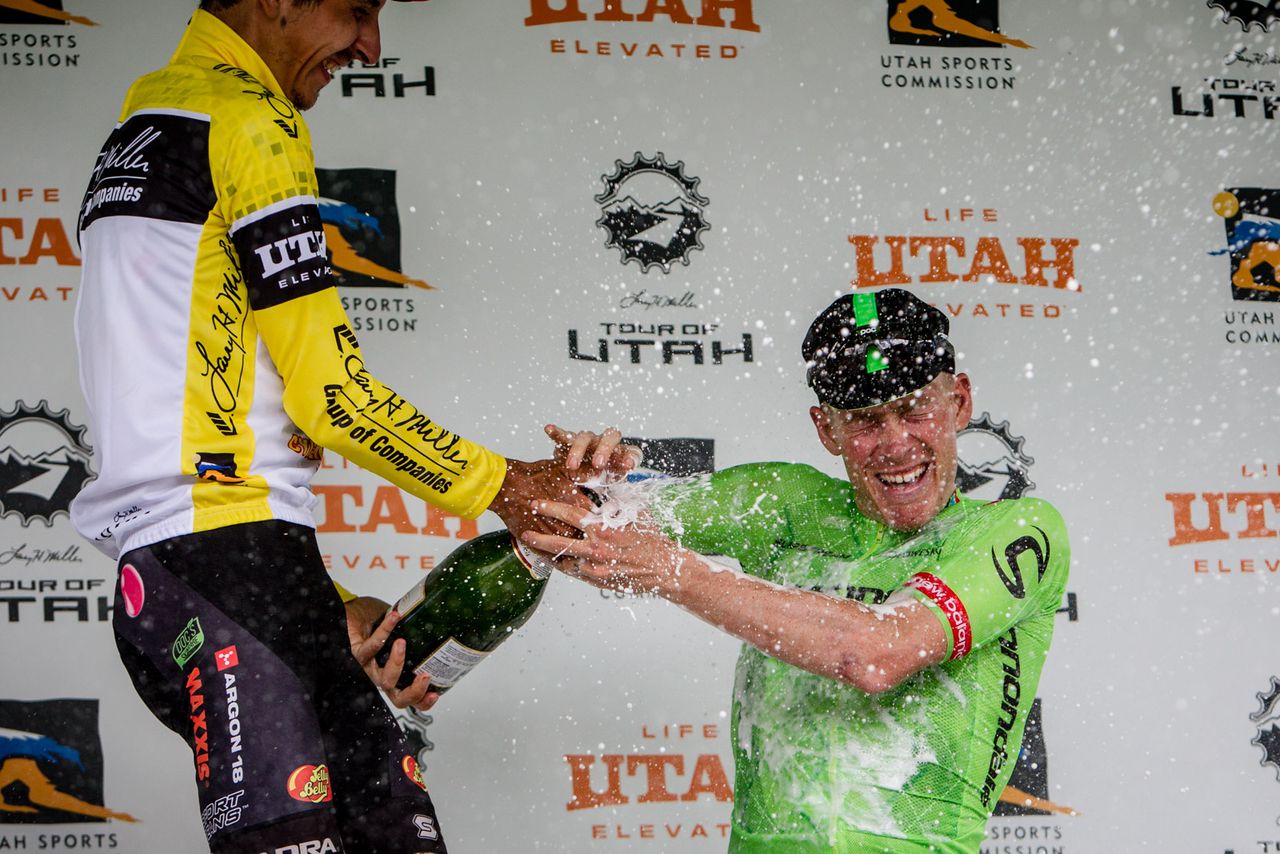 Lachlan Morton (Jelly Belly) and Andrew Talansky (Cannondale-Drapac) battle over champagne on the podium