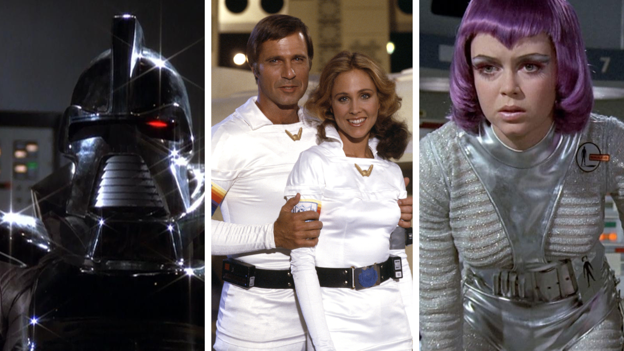 Split image showing stills from three 1970s sci-fi shows. Left to right, Battlestar Galactica, Buck Rogers and the 25th Century, and The Tomorrow People