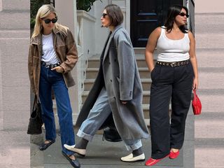 collage featuring three fashion influencers wearing chic outfits with comfortable shoes like ballet flats and loafers