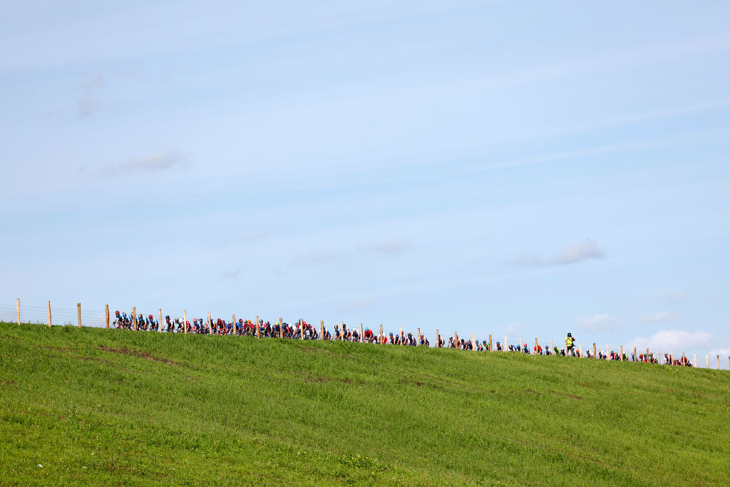 COL DU VAM NETHERLANDS SEPTEMBER 24 A general view of the peloton competing during the 29th UEC Road Cycling European Championships 2023 Elite Mens Road Race a 1998km one day race from Assen to Col du VAM UCIWT on September 24 2023 in Col du VAM Netherlands Photo by Bas CzerwinskiGetty Images