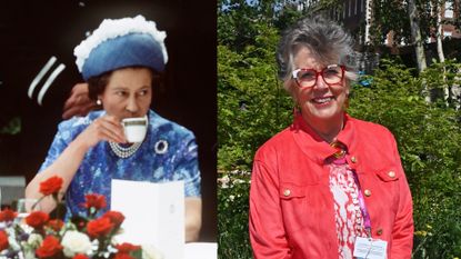 Queen Elizabeth drinking tea on the left and a photo of Prue Leith wearing a coral jacket standing outside in front of a bush on the right