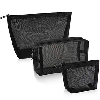 3 Pieces Mesh Cosmetic Bag, Makeup Bags, Zipper Pouch for Offices Travel Accessories, 3 Sizes (black)