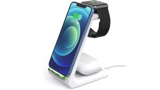 The Geekera Wireless Charger charging an iPhone and an apple watch