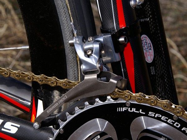 The titanium front derailleur cage helps save weight but is a bit flexy.