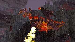 Promotional screenshot of the DragonFire Lite Add-on for Minecraft showing two dragons breathing fire while flying