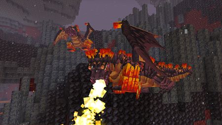 Promotional screenshot of the DragonFire Lite Add-on for Minecraft showing two dragons breathing fire while flying