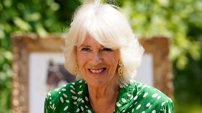 Queen Camilla&#039;s emerald shirt dress as she names the new Household Cavalry Drum Horse &#039;Juno&#039; at Clarence House