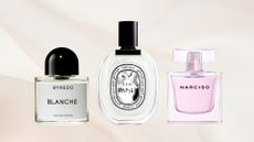 A collage featuring three 'airy' perfumes from Byredo, Diptyque and Narciso Rodriguez on a sheer pink fabric background