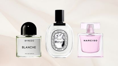 A collage featuring three 'airy' perfumes from Byredo, Diptyque and Narciso Rodriguez on a sheer pink fabric background