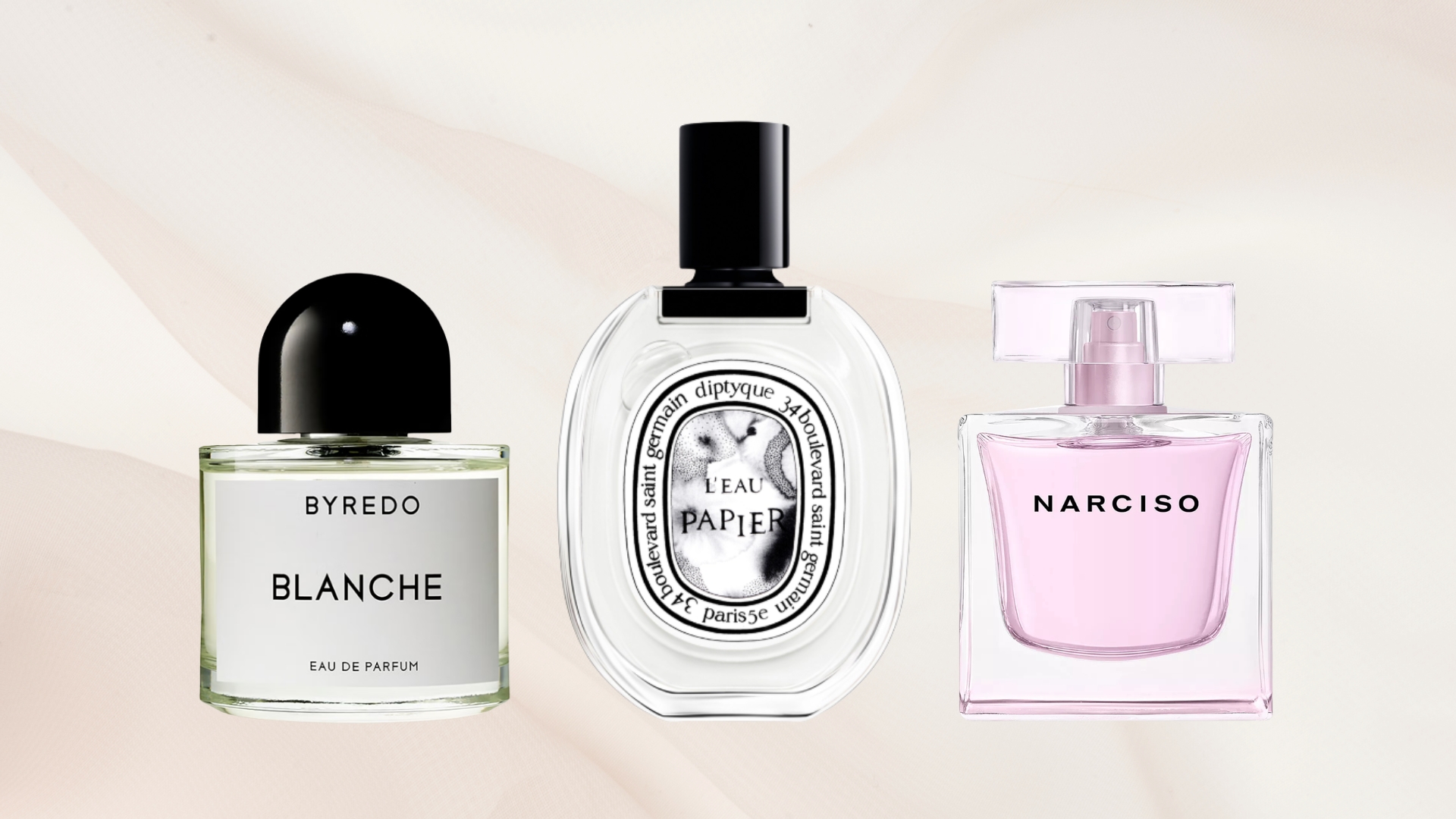 A collage featuring three 'airy' perfumes from Byredo, Diptyque and Narciso Rodriguez on a sheer pink fabric background