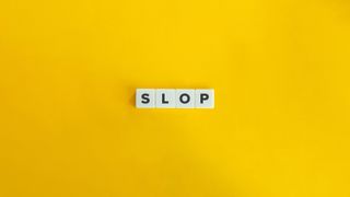 Letter game tiles spell out the word "slop" on a yellow background