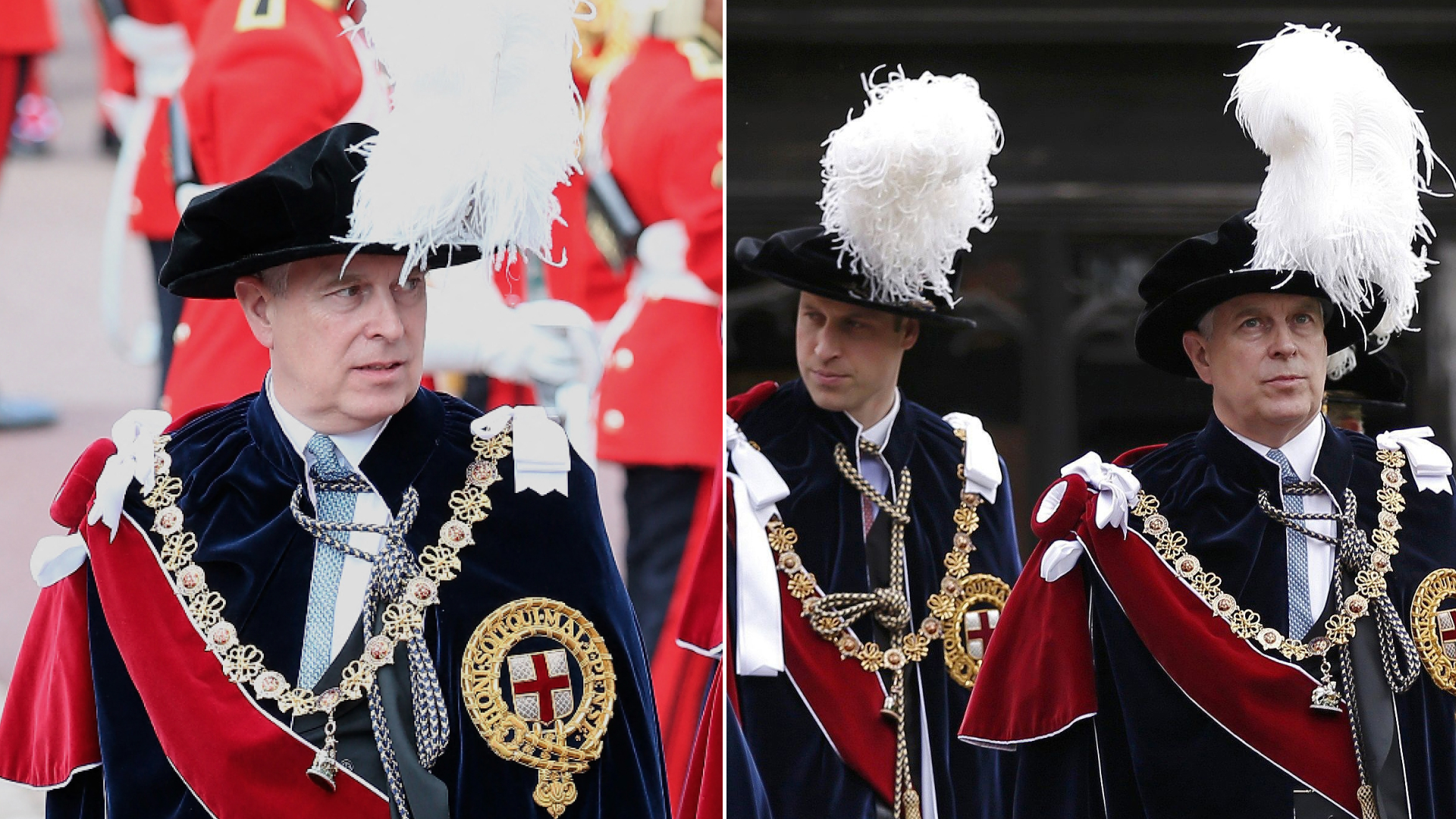 Prince Andrew attending Garter Day wearing long ceremonial robes and a black hat with a large white feather protruding from the top and a red sash and a gold chain