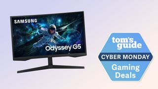 SAMSUNG 27-inch Odyssey G5 monitor on a dusk background with a Tom's Guide badge in the lower right corner