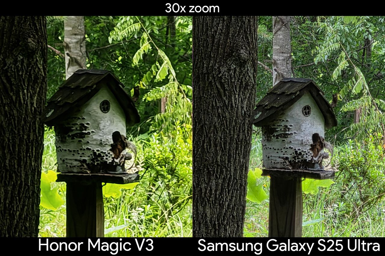 Comparing zoom detail differences between the Samsung Galaxy S25 Ultra and the Honor Magic V3 with a birdhouse at 30x