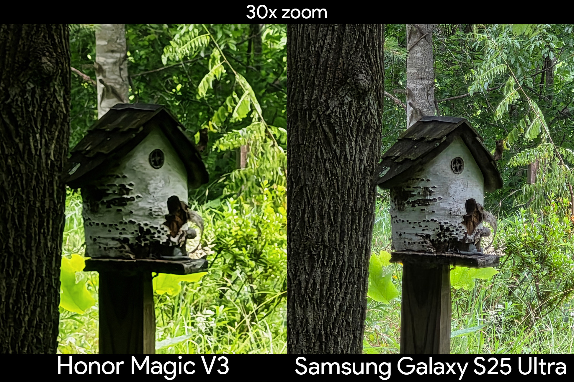 Comparing zoom detail differences between the Samsung Galaxy S25 Ultra and the Honor Magic V3 with a birdhouse at 30x