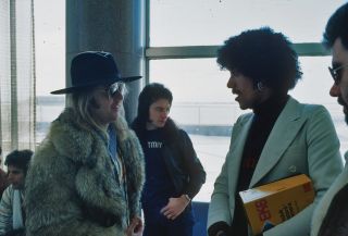 Lynott with Freddie Mercury, Roger Taylor and John Deacon during the 1977 Queen-Lizzy tour of the USA