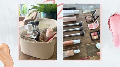 CAIA Cosmetics makeup bag with products inside (L) and CAIA Cosmetics makeup laid out (R) on a white background with foundation, blush and lip liner swatches