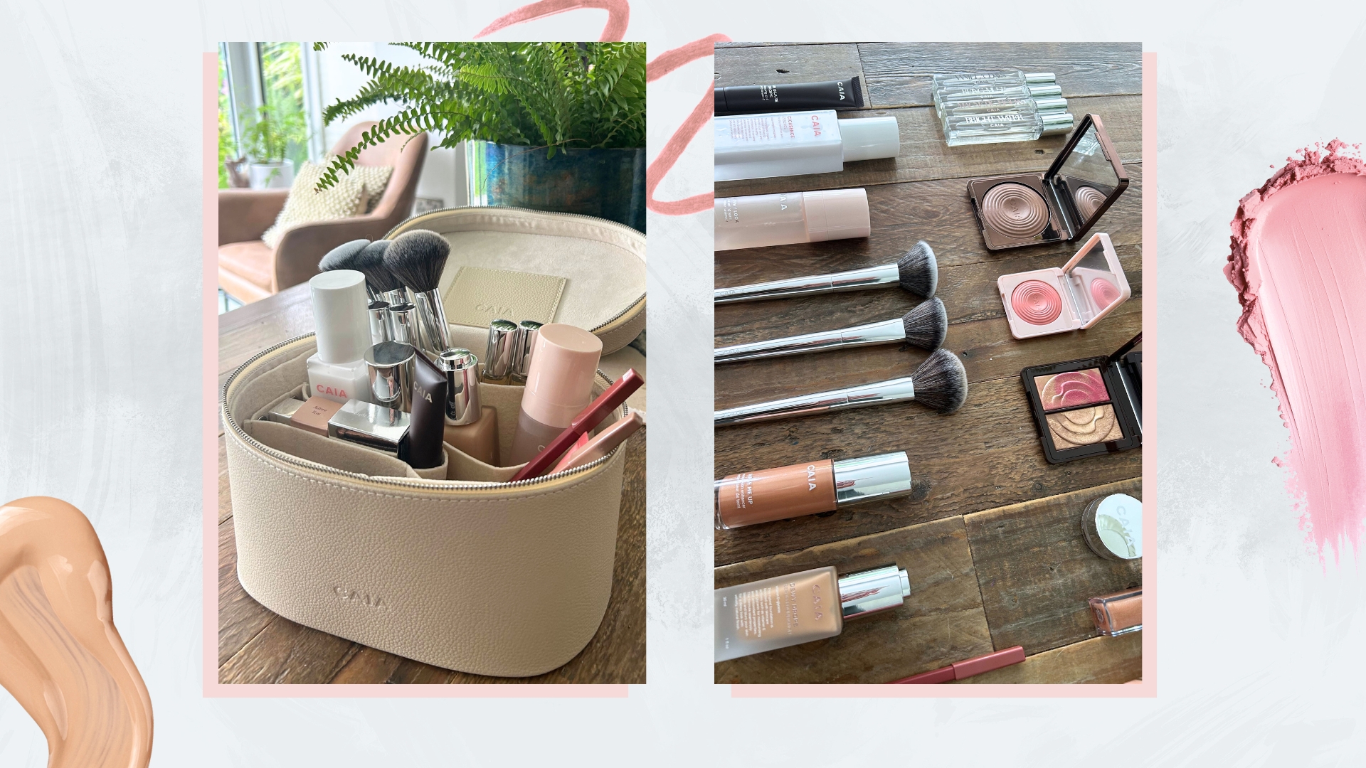 CAIA Cosmetics makeup bag with products inside (L) and CAIA Cosmetics makeup laid out (R) on a white background with foundation, blush and lip liner swatches